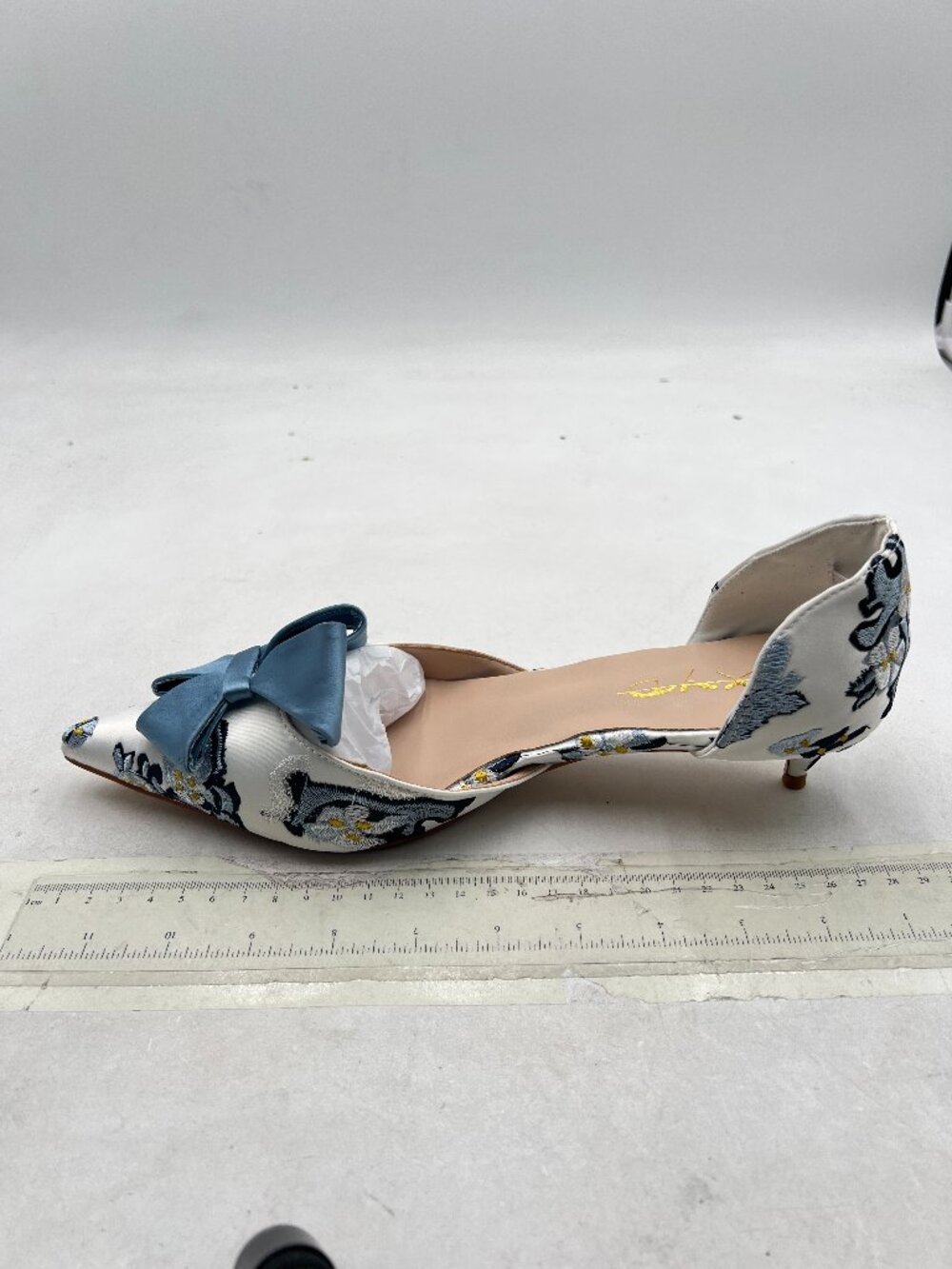 XYD Blue Bloom Embroidery D'Orsay Kitten Heel Bridal Bowknot Pumps Prom Shoes - Picture 1 of 7